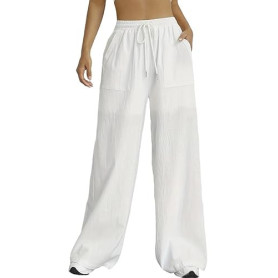 Nuofengkudu Pantalon Large Femme Fluide Été Ample Cordon Elastique Taille Haute Poche Longue Yoga Pantalons Leger Elegant Palazz