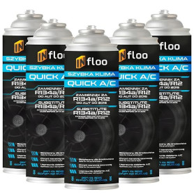 INfloo Quick A/C – 5x Gaz Réfrigérant R134a (5x185g – 1,73L) avec Valve Anti-retour + Gants | Pour véhicules jusqu’à 2016 | Remp