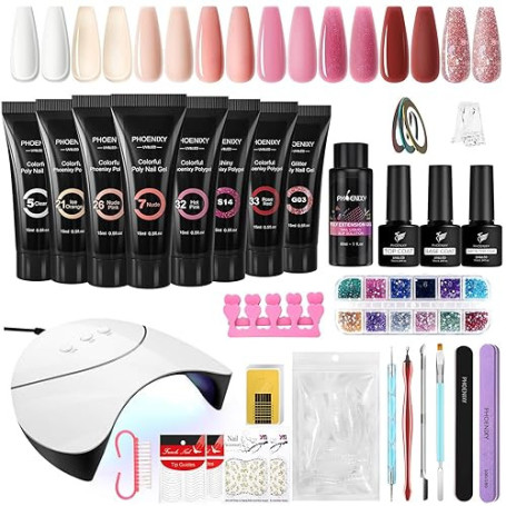 Phoenixy Kit Ongle Gel UV Complet avec 36W Lampe, 8 Couleurs Poly Ongle Gel 15ML, Set de Manucure pour Débutant Gel Construction