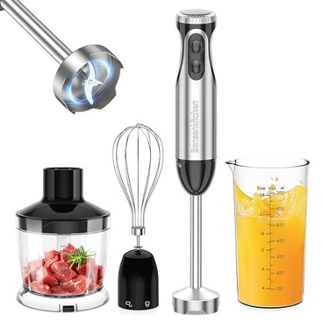 Bonsenkitchen Mixeur Plongeant, 4-en-1 Mixeur Plongeur Multifonction 1000W | 20 Vitesse Réglable, avec Fouet, Hachoir de 500ml e