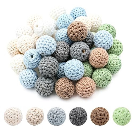 Lot de 30 perles en bois au crochet, 16 mm, 6 couleurs | Boules rondes en bois à enfiler, avec trou, pour bijoux et bracelets
