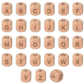 Wisebom Perles en Bois Alphabet - Lot de 78 Lettres de A à Z en Bois Naturel Carrées pour Bricolage, Bracelet, Collier (12x12 mm