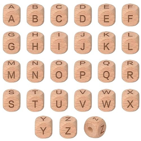 Wisebom Perles en Bois Alphabet - Lot de 78 Lettres de A à Z en Bois Naturel Carrées pour Bricolage, Bracelet, Collier (12x12 mm