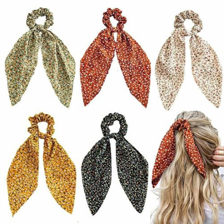 YIPFEN Lot de 5 chouchous cheveux floraux avec long noeud foulard elastique pour femme et fille