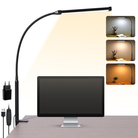 LIBORA Lampe de bureau LED à pince, USB Lampe bureau, noir | 3 modes et 10 niveaux de luminosité, lumière du jour, protection de