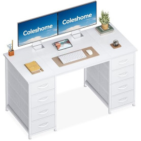 Coleshome Bureau avec 8 Tiroirs en Tissu, 120x48cm, Blanc | Grande capacité d'organisation, table d'étude et bureau d'écriture a