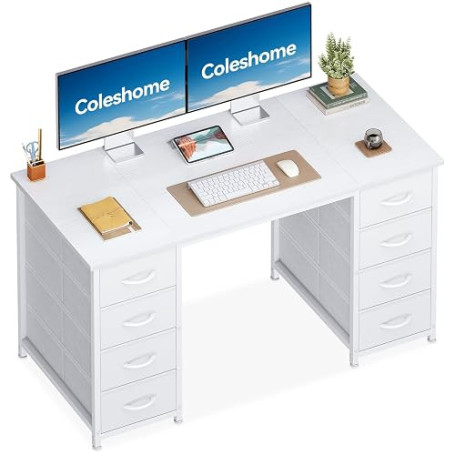 Coleshome Bureau avec 8 Tiroirs en Tissu, 120x48cm, Blanc | Grande capacité d'organisation, table d'étude et bureau d'écriture a