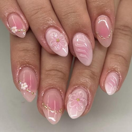 Zosutetoxo Faux ongles amande courte 3D fleurs rose ombré or ongles à coller faux ongles set pour femmes