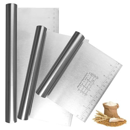 Grattoir à Pâte 3 Pièces, Spatule Pâtisserie Acier Inoxydable | 15/20/25cm, Anti-adhérent, Avec Graduation, Poignée, Pour Gâteau