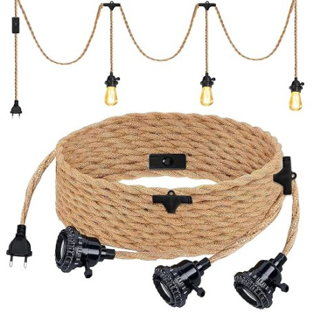 Lustre Corde de Chanvre de 6.8 Mètres, Tête 3-Flamme Suspendue Câble de Lumière Corde E27 Prise, Vintage Lustre Corde Chanvre av
