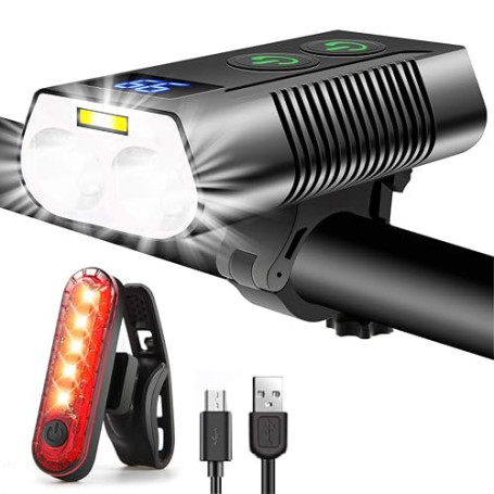 REHKITTZ Lumière Vélo Avant/Arrière, 3300 Lumens, Très Lumineuse, 9 Modes | Affichage du niveau de batterie, résistant à l’eau,