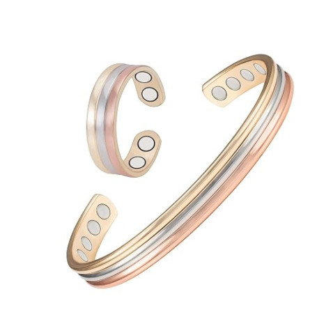 EnerMagiX Bracelets et bague en cuivre magnétique à trois tons pour femmes ou hommes, bracelets en cuivre avec 8 aimants, 6,5 po