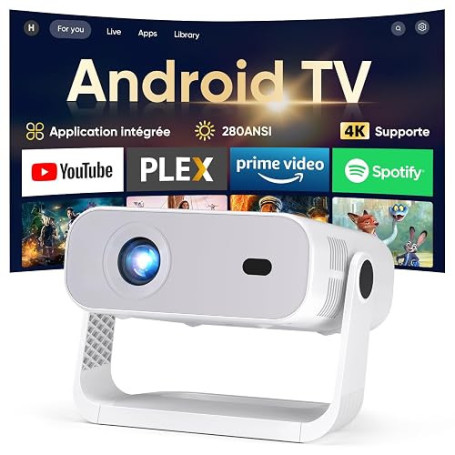 Videoprojecteur Intelligent Applications Intégrées, Rétroprojecteur 1080P Supporte 4K, WiFi 6 Bluetooth 5.2, 280 ANSI, Correctio