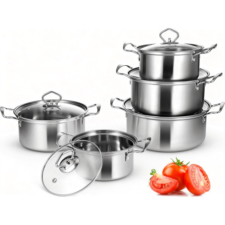 Lot de 10 Casseroles Inox avec Couvercles en Verre - Batterie de Cuisine Professionnelle - Sans Revêtement Antiadhésif - Compati