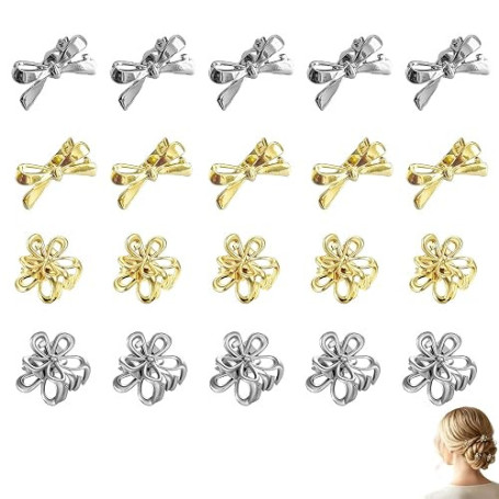 Lot de 20 Mini Pinces à Cheveux en Métal, Barrettes Fleur et Nœud Dorées et Argentées pour Femme et Fille, Accessoires pour Coif