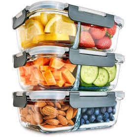 Igluu Meal Prep Boîte Alimentaire Verre (Lot de 3) 2 Compartiments – 980ml | Couvercle hermétique et sans BPA – Four, air fryer,