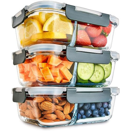 Igluu Meal Prep Boîte Alimentaire Verre (Lot de 3) 2 Compartiments – 980ml | Couvercle hermétique et sans BPA – Four, air fryer,