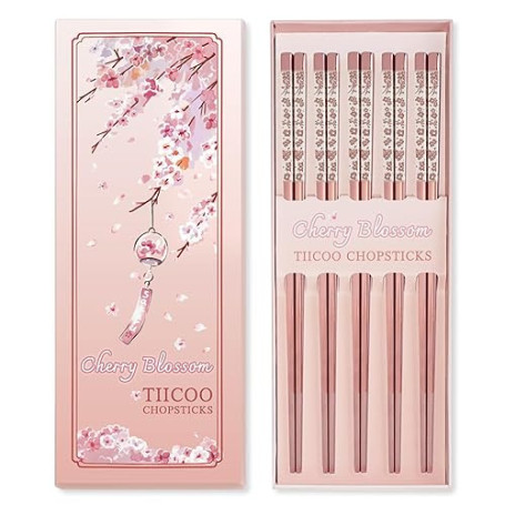 Baguettes Réutilisables en Acier Inoxydable 18/8 Design Sakura Rose Laser Gravée Anti-Dérapantes Lavables au Lave-Vaisselle Japo
