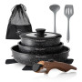 Kitchen Academy Lot de 10 Casseroles et Poêles,Poignée Amovibl,Noir | Couvercles en Verre et Revêtement en Marbre et Revêtement