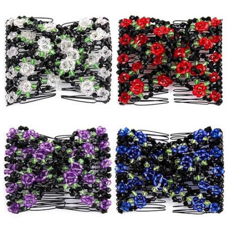 Umibow Lot de 4 peignes magiques faciles à utiliser - Double peigne à cheveux extensible - Pour chignon - Élastique - Perles - R
