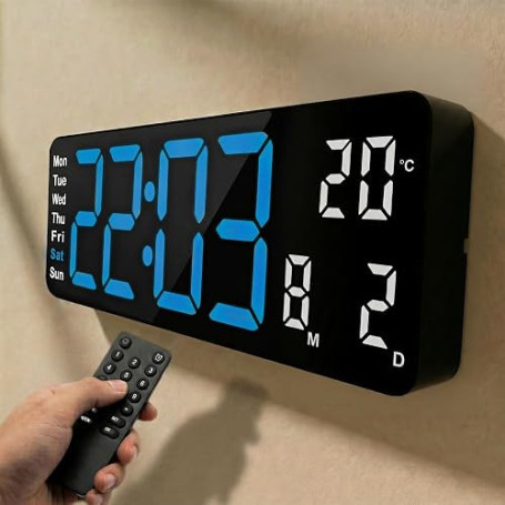 Opis Clock 1 XL Horloge Murale Numérique LED Rétro 32 cm, Bleu-Blanc | Grands chiffres lumineux, thermomètre intégré, double ala