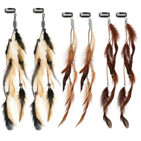 MWOOT 6 Pièces Pinces à Cheveux Plumes, Extensions de Cheveux Bohème, Coiffe Indienne pour Femmes,Hippie Plume Clips Cheveux pou