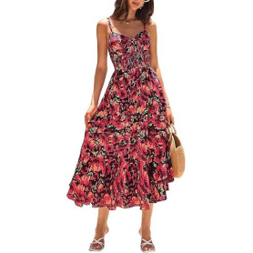 GRACE KARIN Robe d'été pour femme avec bretelles spaghetti et motif floral - Robe longue pour femme - Style bohème - Pour vacanc