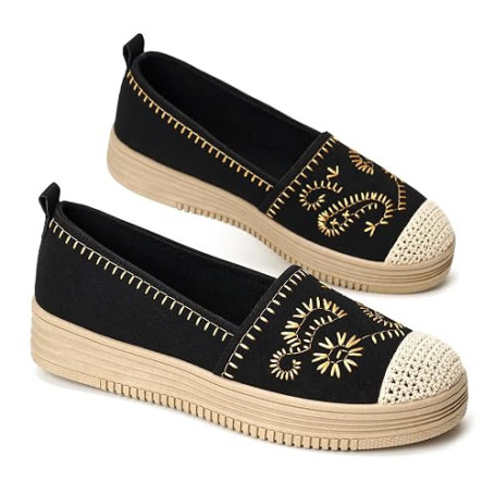 GLAMORA Ballerines Femme Chaussures Plates Slip-on Broderie Élégante Bout Tressé Style Espadrille Confortables Légères Semelle A