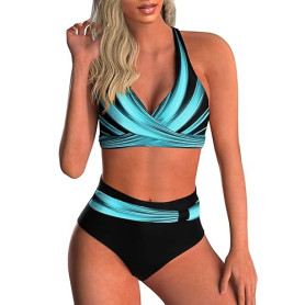 Adigaber Maillot de Bain Deux Pièces pour Femme Taille Haute Imprimé Bikini | Haut croisé，Rembourrages amovibles，Contrôle du ven