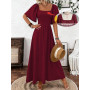 Robe Longue Femme Élégante Col Carré Vintage Maxi Ligne A Taille Haute | Robes Manches Longues/Manches Courtes Robe Maxi Volante