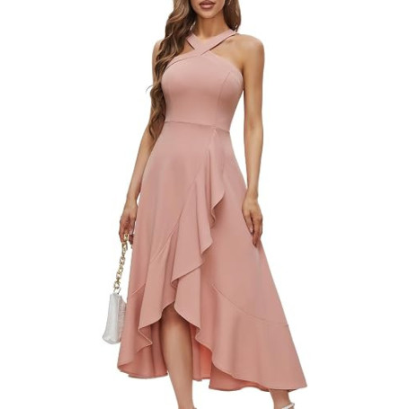 Bbonlinedress Robe Femme Chic et Elégant Mi Longue Fluide de Soirée Cocktail Mariage Bal Promo avec Bretelles sans Manches