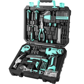 DEKO Caisse à Outils Complète avec Tournevis Électrique Perceuse avec Batterie de 8 V, Mallette de 126 Pièces, Boîte Professionn