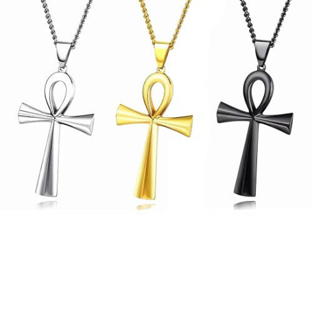 3 Pièces hommes en acier inoxydable copte Ankh croix pendentif religieux collier, mode clé égyptienne de vie Ankh croix collier