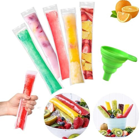 200 Pcs Sacs de Formes de Popsicle Sacs de Pops sans BPA avec un Entonnoir pour Yaourt Bonbons Crème Glacée Party Favors (5 x 22