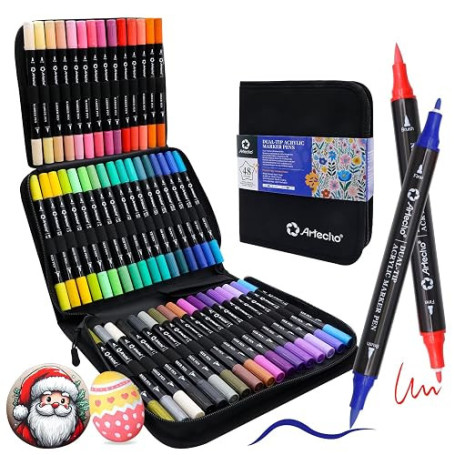 Artecho Marqueurs de peinture acrylique 48 couleurs avec sac, stylos de peinture acrylique avec pointe pinceau et pointe fine po