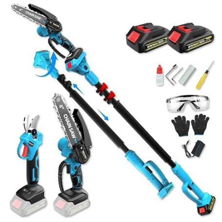 Batterie 4 en 1 - Mini tronçonneuse de 15,2 cm avec télescopique de 2,5 m + sécateur électrique de 35 mm, hauteur de travail jus