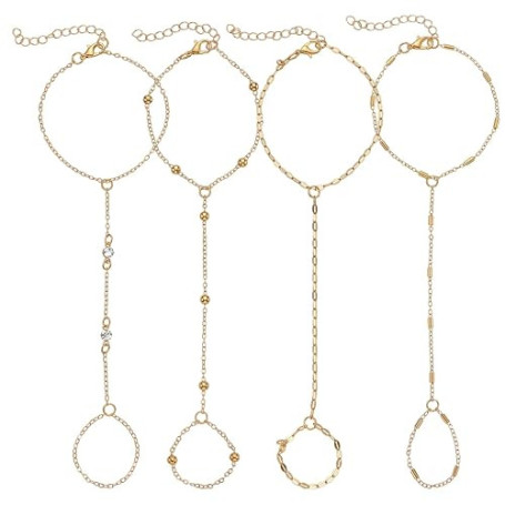 Ouligay Ensemble de 4 Chaînes de Main en Or pour Femmes, Bague Bracelet Chaîne à Main, Ensemble de Chaînes de Main Délicates en
