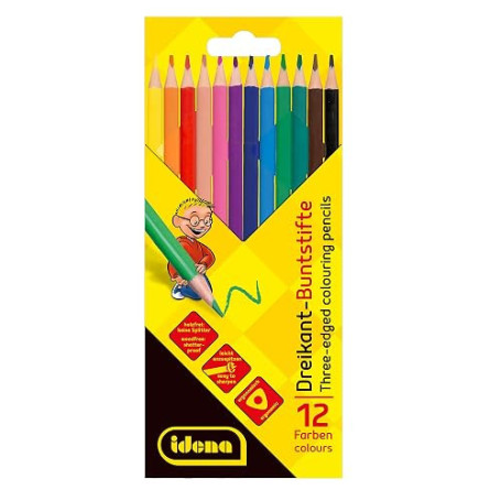 Idena 20133 - Crayons de peinture en 12 couleurs, crayons de couleur sans bois en forme de triangle ergonomique, emballés dans u
