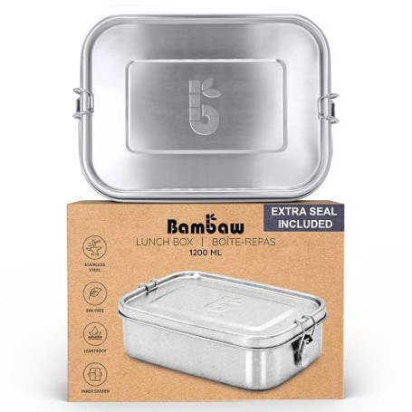 Bambaw Lunch Box Inox 1200 ml, Boite Dejeuner Hermetique, Bento Compartimenté, Lunch Box Étanche, Boite a Gouter Inox 1200 ml, E
