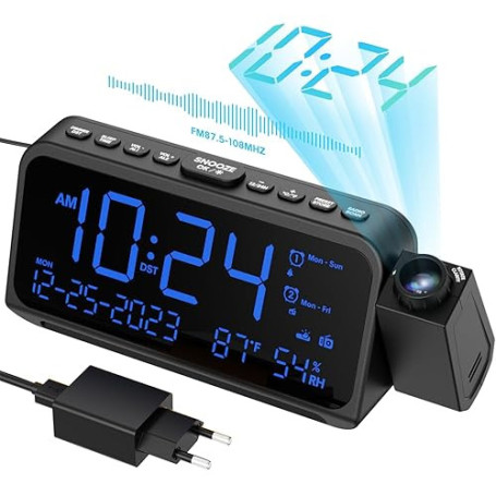 ROCAM Radio-Réveil Projection Plafond, Radio FM Numérique, Horloge Projecteur avec Charge USB & Type C, Réveil Limineux Enfant a