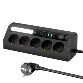 BOCHLION Multiprise de Table 5 Prises avec 4 Ports USB (2 Ports USB A+2 Ports USB C), Multiprise Parafoudre avec Lumière LED, Pr