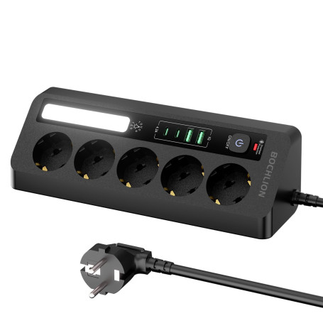 BOCHLION Multiprise de Table 5 Prises avec 4 Ports USB (2 Ports USB A+2 Ports USB C), Multiprise Parafoudre avec Lumière LED, Pr