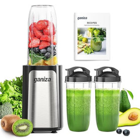 Ganiza Mixeur 900W, Mini Blender pour Smoothies, avec 3 Gourdes Portables (2×500ml+1×700ml), Lame à 4 Couteaux en Acier Inoxydab