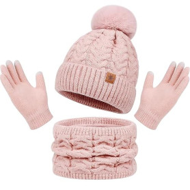 Enwokran Bonnet Echarpe Femme Tricotés Ensemble D'hiver Bonnet écharpe Gants D'écran Tactile 3 en 1 Doublé Polaire épais Bonnet