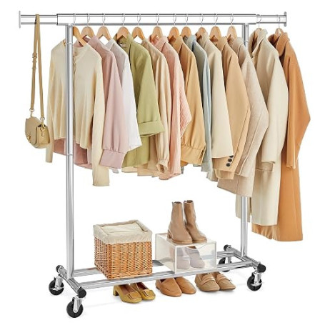 SONGMICS Portant à Vêtements avec Roulettes, Tringle Extensible pour Charge Lourde, Porte-manteau, Capacité de Charge 100 kg, 45