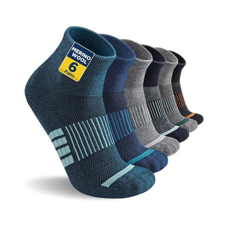 Niofind Chaussettes Quarter Randonnée Mérinos, 6 Paires, Rembourrées | 30% laine avec mesh respirant, semelle bouclette, pointe