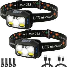 KOHRIUK Lot de 2 Lampe Frontale LED Rechargeable USB 2000 Lumens Torche Frontale Léger Étanche avec Capteur de Mouvement 6 Modes