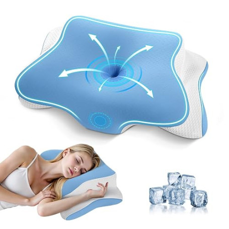 A-Pce Oreiller Ergonomique Cervical,Oreillers Memoire Forme, Bleu | Memoire Forme, Housse Amovible en Soie Glacée, Refroidisseme