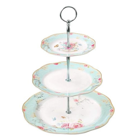 YBK Tech Présentoir à gâteaux vintage à 3 étages en porcelaine Bleu clair