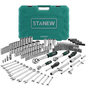 STANEW Caisse à Outils 219 PCS, Lot Douilles et Cliquets en 1/4", 3/8" et 1/2", Acier au CR-V, Kit Clé de serrage Douille avec C